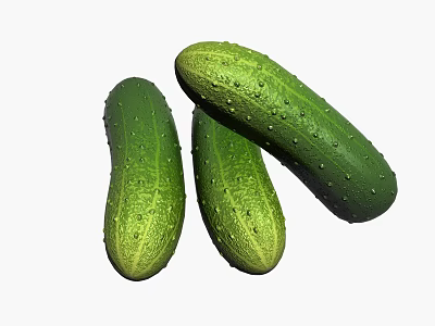 Three Fresh Green Cucumbers With Small Spines And Water Droplets On Surface 3d model