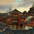 Ancient Chinese Commercial Street With Traditional Curved Roof Buildings And Red Decorations