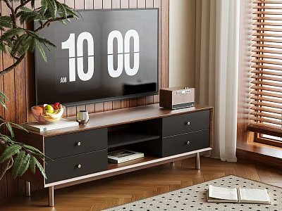 Modern Wooden TV Stand With Drawers TV Fruit Bowl Radio And Green Plant 3d model