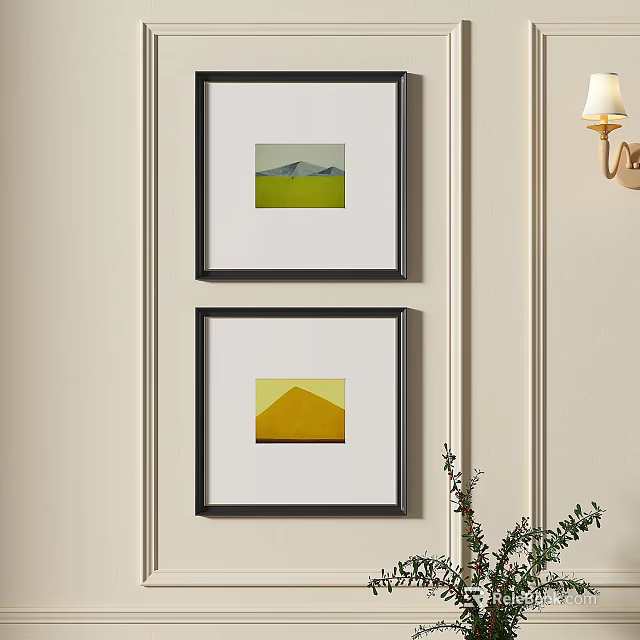Two Framed Abstract Paintings With Geometric Shapes Yellow Green Background Hanging On Wall 3d model 