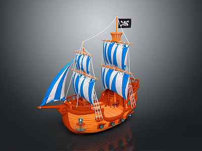 Pirate Ship Model Featuring Orange Hull Blue White Striped Sails And Skull Flag 3d model