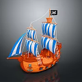 Pirate Ship Model Featuring Orange Hull Blue White Striped Sails And Skull Flag