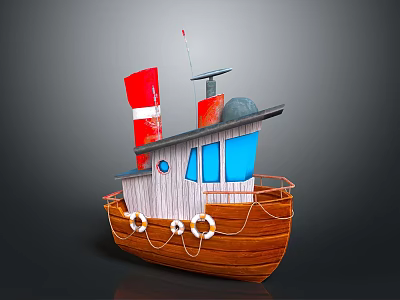 Cartoon Style Wooden Boat With Red Chimney Blue Windows And White Lifebuoys 3d model
