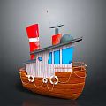 Cartoon Style Wooden Boat With Red Chimney Blue Windows And White Lifebuoys