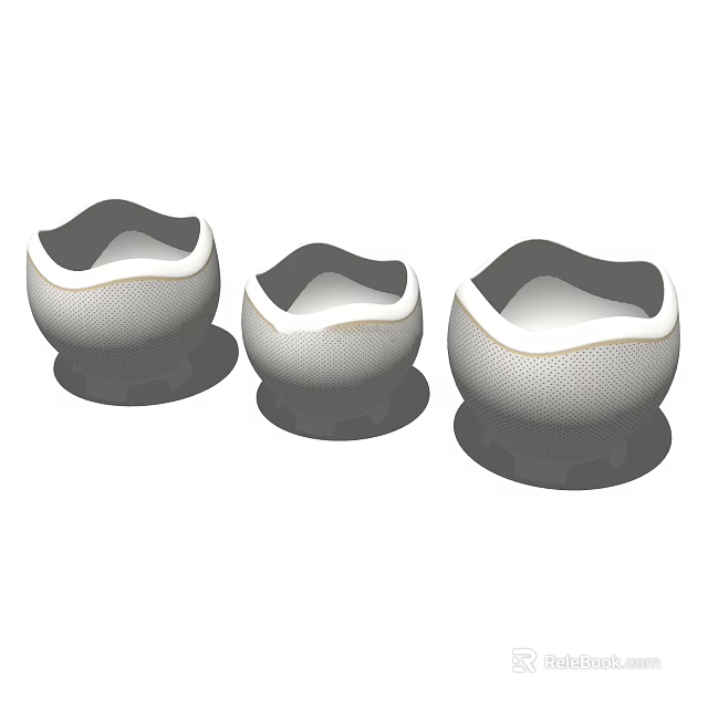 Three Piece Modern Dinnerware Set With White Gray Bodies Gold Rim And Mesh Texture 3d model 
