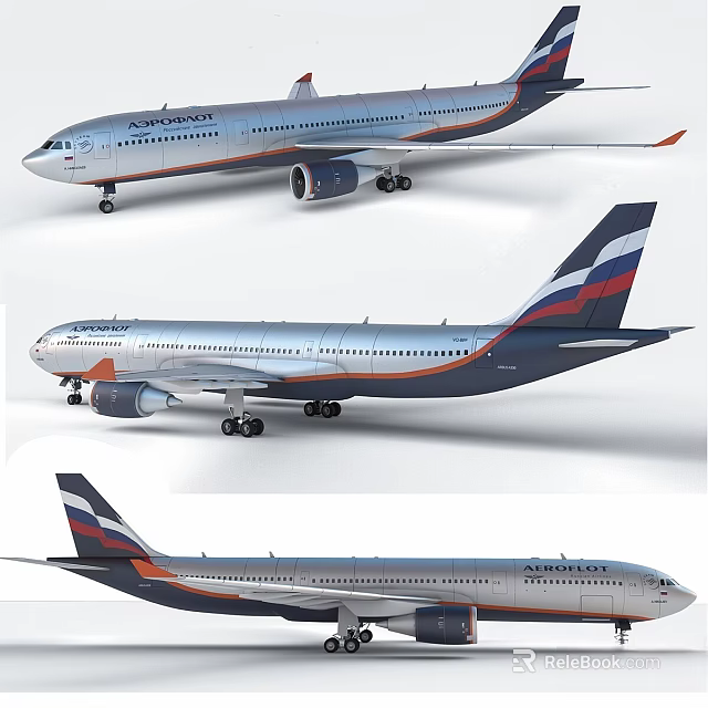 Siberia Airlines Wide Body Jet With Silver Body And Blue Red Stripes From Multiple Angles 3d model 