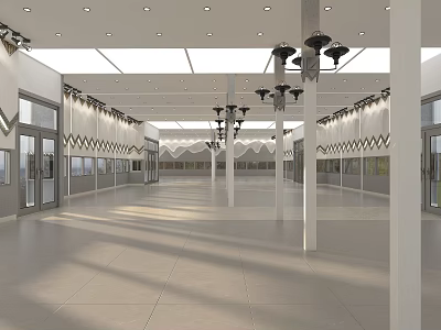Spacious Banquet Hall Interior With Elegant Chandeliers White Pillars And Polished Floor 3d model