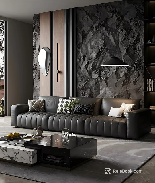 Modern Leather Sofa And Coffee Table Set With Decorative Pillows Stone Texture Wall Round Mirror 3d model