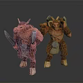 Two Red Horned Fantasy Creatures Holding Weapons With Furry Skins And Muscular Build