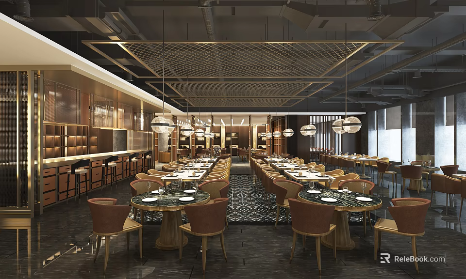 Modern Restaurant Interior With Round Tables Brown Chairs And Hanging Pendant Lights 3d model 