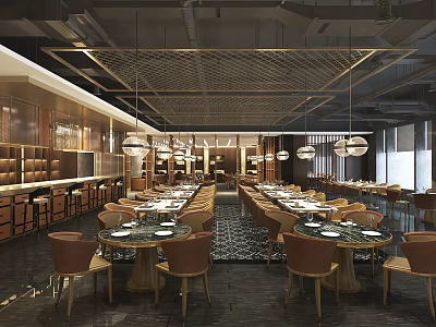 Modern Restaurant Interior With Round Tables Brown Chairs And Hanging Pendant Lights 3d model