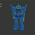 Blue Mechanical Robot Character Featuring Horns Red Eyes And Yellow Chest In Standing Pose