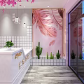 Bubble Tea Shop With Pink Cherry Blossom Decor Pink Walls Sofa Seats And White Counter
