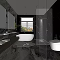 Modern Bathroom Interior with Marble Walls Bathtub Shower Area and Vanity