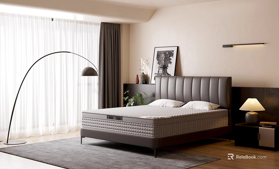 Modern Bedroom Interior With Gray Leather Headboard Bed Floor Lamp Curtains And Decorative Painting 3d model 