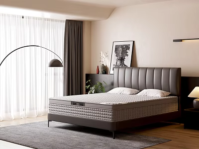 Modern Bedroom Interior With Gray Leather Headboard Bed Floor Lamp Curtains And Decorative Painting 3d model