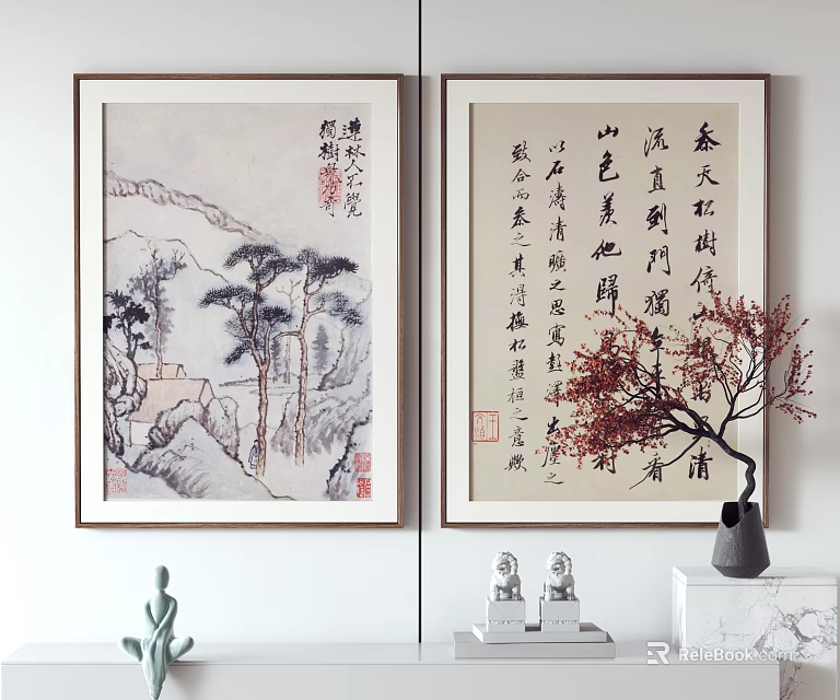 Chinese Traditional Scroll Paintings With Landscape Calligraphy Buddha Statues And Red Branches 3d model 