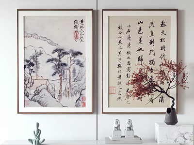 Chinese Traditional Scroll Paintings With Landscape Calligraphy Buddha Statues And Red Branches 3d model