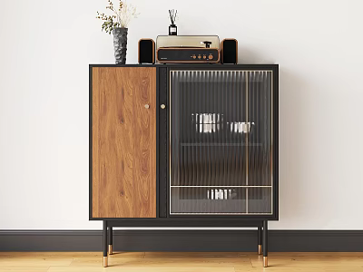Modern Wooden Sideboard With Black Frame Glass Doors And Decorative Items On Top 3d model