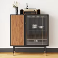 Modern Wooden Sideboard With Black Frame Glass Doors And Decorative Items On Top