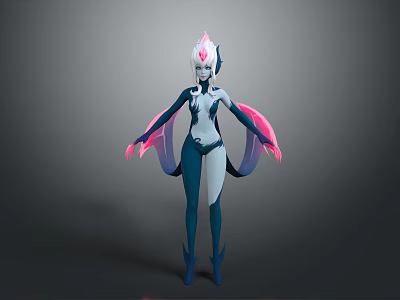 3D Designed Fantasy Humanoid Creature With White Blue Body And Pink Flowing Ribbons Head Ornament 3d model