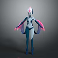 3D Designed Fantasy Humanoid Creature With White Blue Body And Pink Flowing Ribbons Head Ornament