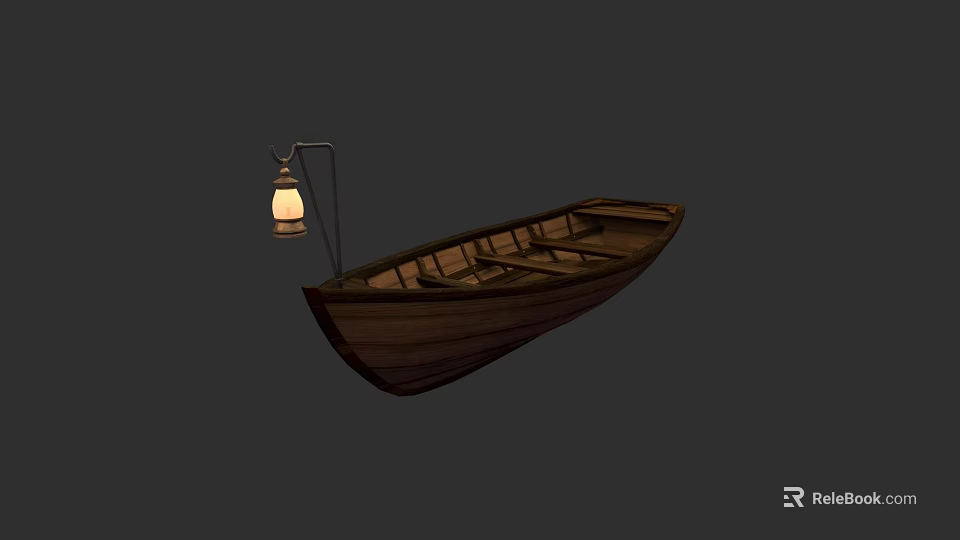 Vintage Wooden Boat With Lit Lantern And Wooden Seats On Dark Background 3d model 