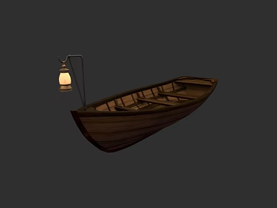 Vintage Wooden Boat With Lit Lantern And Wooden Seats On Dark Background 3d model