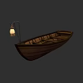 Vintage Wooden Boat With Lit Lantern And Wooden Seats On Dark Background