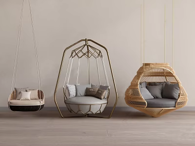 Stylish Modern Hanging Chairs With Rattan And Metal Frame Design And Comfortable Cushions For Indoor Seating 3d model