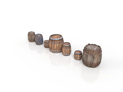 Rustic Wooden Barrels Arrangement With Different Sizes And Vintage Styles 3d model
