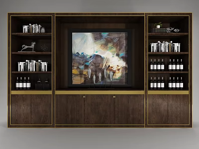 Elegant Wooden Wine Cabinet Design With Wine Bottles Glasses And Decorative Painting 3d model