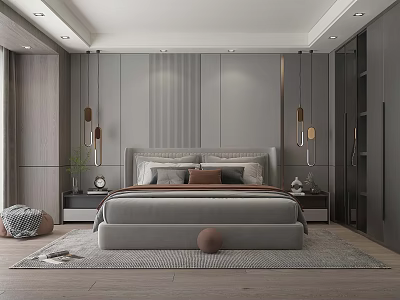 Modern Bedroom Interior With King Size Bed Hanging Lights Area Rug And Wardrobe 3d model