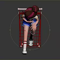 Game Character With Pink Hair Sitting In Red Shopping Cart White Top And Blue Shorts
