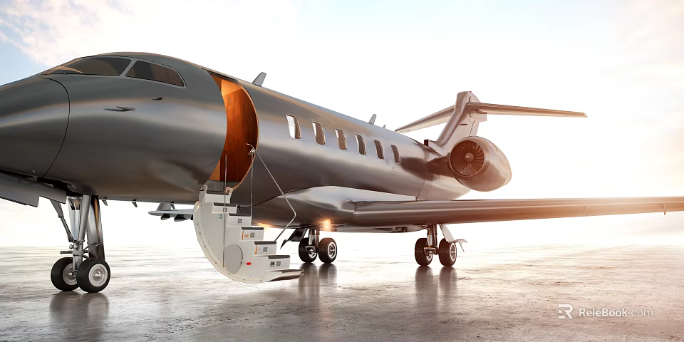 Silver Passenger Jet Featuring Open Door Staircase Wing Engine And Landing Gear On Tarmac 3d model 