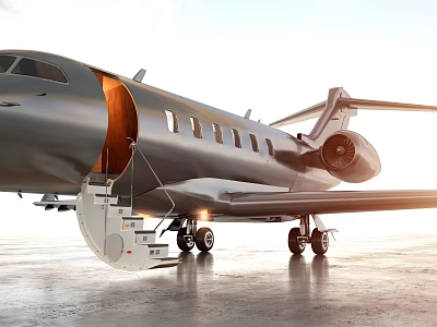 Silver Passenger Jet Featuring Open Door Staircase Wing Engine And Landing Gear On Tarmac 3d model