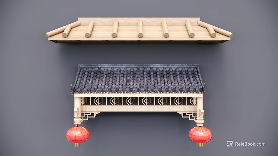 Traditional Chinese Architectural Components With Wooden Structure Cylindrical Decorations Black Tiled Roof And Red Lanterns 3d model 