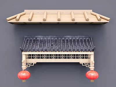 Traditional Chinese Architectural Components With Wooden Structure Cylindrical Decorations Black Tiled Roof And Red Lanterns 3d model