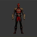 Futuristic Superhero Character In Red And Black Armored Suit With Gold Accents
