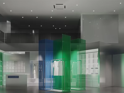 Modern Clothing Store Interior Design With Transparent Display Cases Blue Green Partitions And Hanging Clothes 3d model