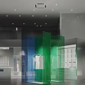 Modern Clothing Store Interior Design With Transparent Display Cases Blue Green Partitions And Hanging Clothes
