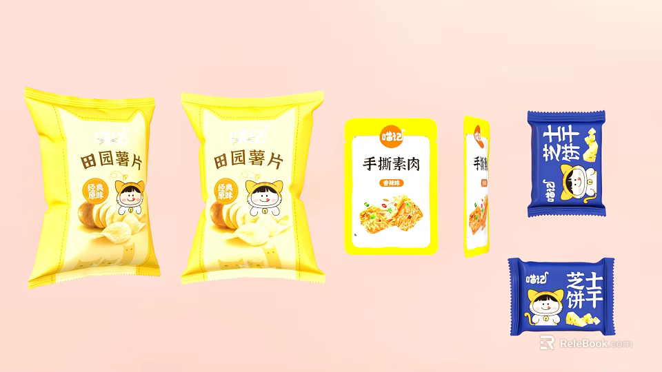 Assorted Snacks Collection Potato Chips Shredded Vegetarian Meat Nougat Yellow Blue Packages With Cartoon Designs 3d model 