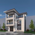 Modern Three Story Detached Villa With Light Exterior Large Windows And Greenery