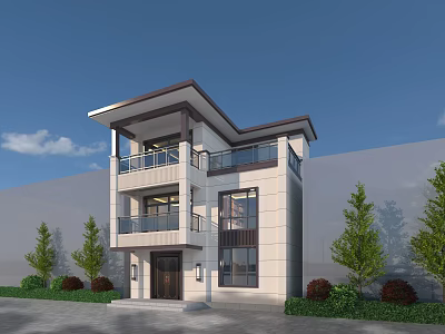 Modern Three Story Detached Villa With Light Exterior Large Windows And Greenery 3d model