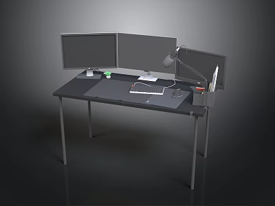 Contemporary Office Workstation With Multiple Monitors Desk Lamp And Electronic Devices 3d model
