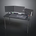 Contemporary Office Workstation With Multiple Monitors Desk Lamp And Electronic Devices