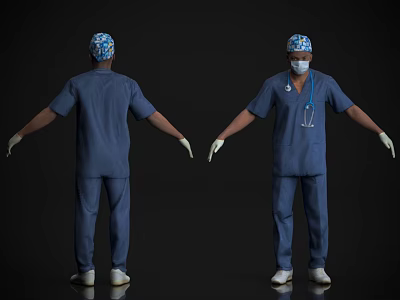 Men In Blue Surgical Scrubs Cap Mask Stethoscope And White Gloves Front Back View 3d model