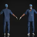 Men In Blue Surgical Scrubs Cap Mask Stethoscope And White Gloves Front Back View