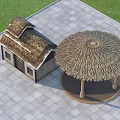 Thatched Roof Gazebo With Wooden Columns Adjacent Stone Cottage On Grassland Under Blue Sky