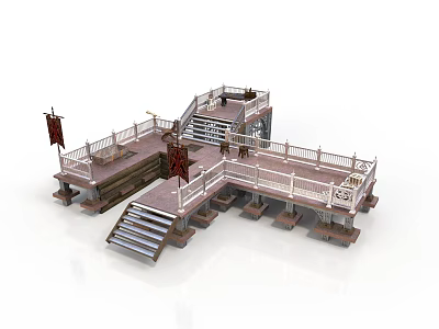Ancient Wooden Multi Level Platform With Staircase Railings And Flags 3d model